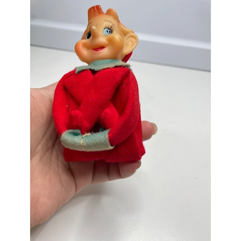 Japan Elf Knee Hugger Rubber Face Red Green Felt Not Colorfast Christmas VTG